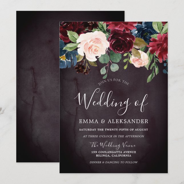 Invitation Bourgogne violet Mariage de fleurs de vin rouge (Devant / Derrière)