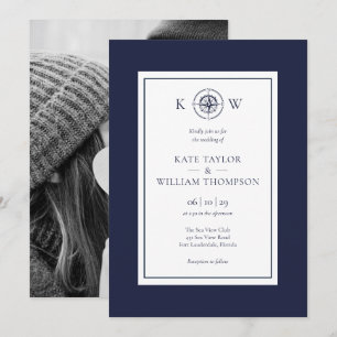 Invitation Boussole marine Monogramme bleu Mariage Photo
