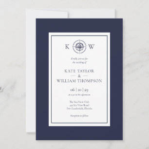 Invitation Boussole nautique à monogramme bleu marine Mariage