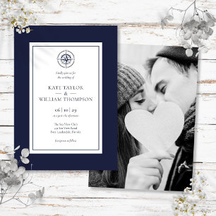 Invitation Boussole Naútíque Mariage Photo Bleu Nuit Et Blanc