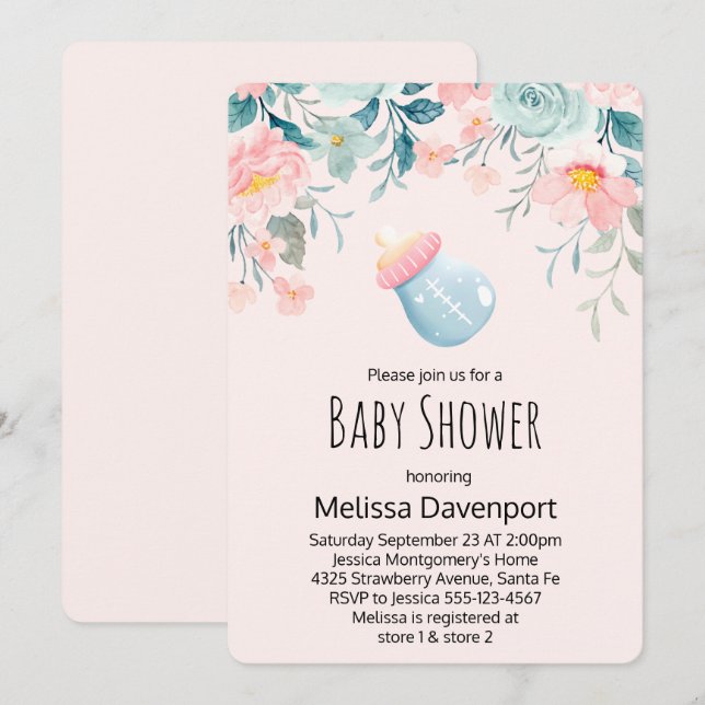 Invitation Bouteille Bébé Bleu & Rose avec Baby shower Fleurs (Devant / Derrière)