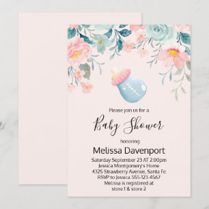 Invitation Bouteille Bébé Bleu & Rose avec Baby shower Fleurs