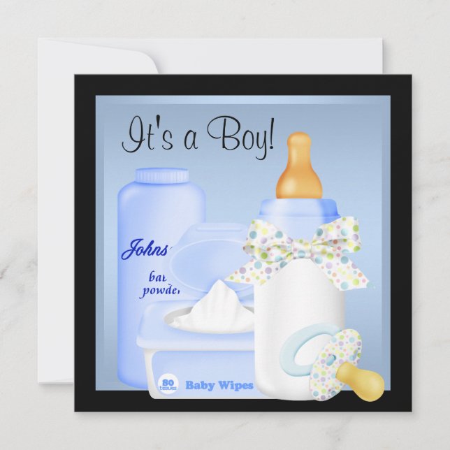 Invitation Bouteille Bleu Noir Pacifier bébé garçon douche (Devant)