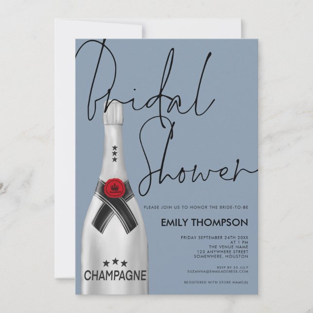 Invitation Bouteille de Champagne Script Fête des mariées ble (Devant)