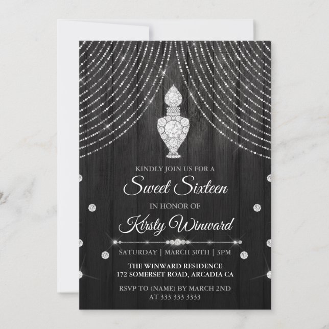 Invitation Bouteille de parfum en diamants noirs argenté Swee (Devant)