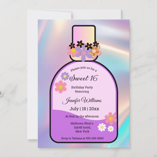 Invitation bouteille de parfum rose rétro doux 16 holographiq (Devant)
