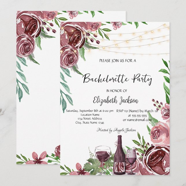 Invitation Bouteille de vin Bourgogne Rose Bachelorette Party (Devant / Derrière)