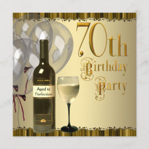 Invitation Bouteille de vin Verre Or 70e Fête d'anniversaire