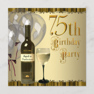 Invitation Bouteille de vin Verre Or 75e Fête d'anniversaire