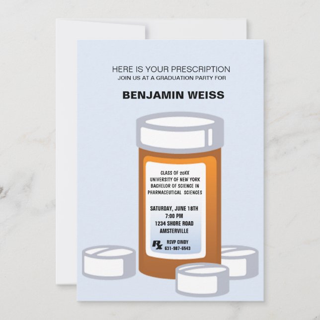 Invitation Bouteille d'ordonnance Pharmacienne Graduation Inv (Devant)