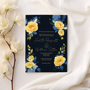 Invitation Bouteille jaune marine bleu boho Mariage floral