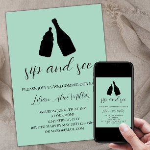 Invitation Bouteille Minimaliste Monnaie Bébé Champagne Sip E
