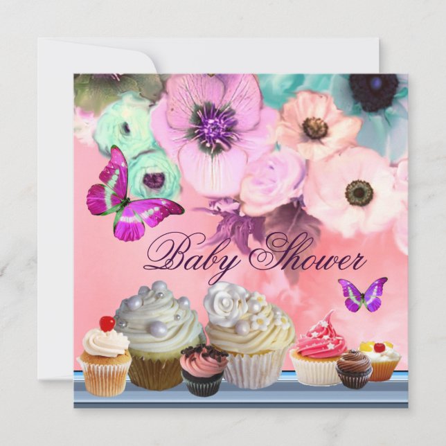 Invitation BOUTEILLE, ROSES, FLEURS, CUPCAKES Baby shower ros (Devant)