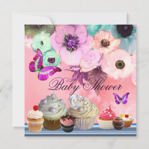 Invitation BOUTEILLE, ROSES, FLEURS, CUPCAKES Baby shower ros