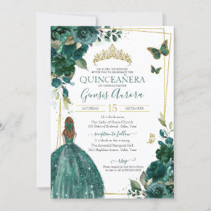 Invitation Bouteille vert émeraude fleurie avec robe