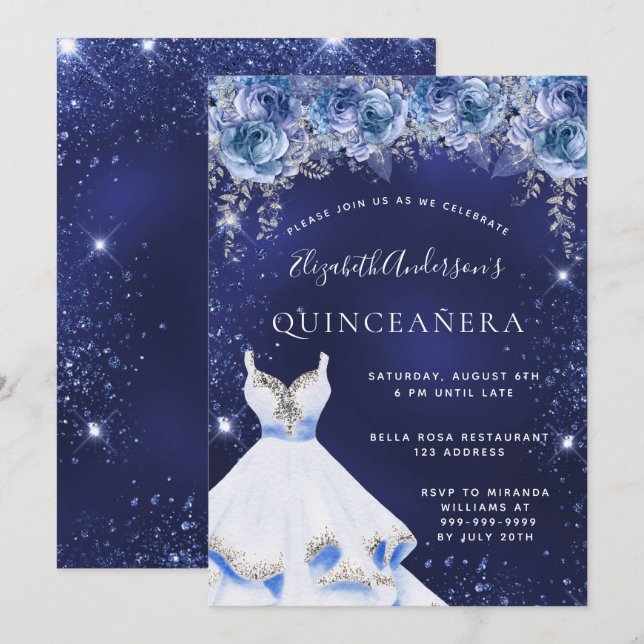 Invitation Bouteilles bleu parties scintillant Quinceanera (Devant / Derrière)