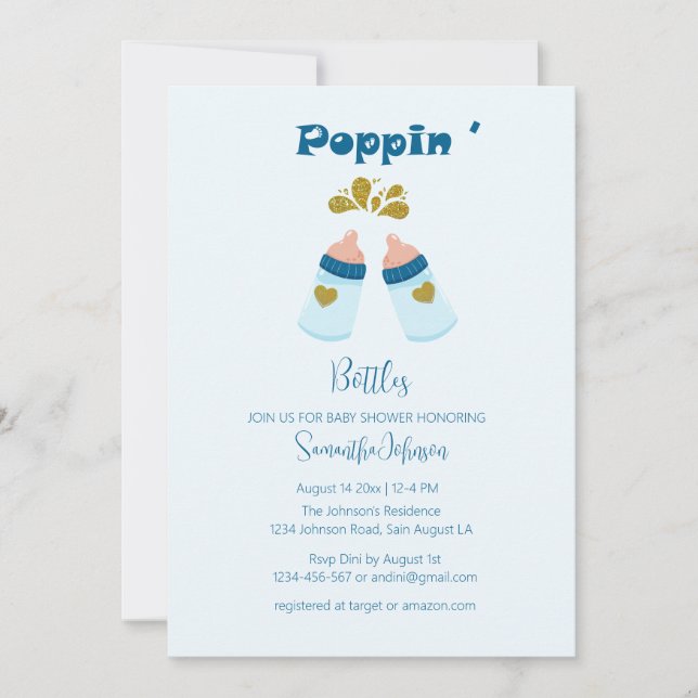Invitation Bouteilles bleu Poppin Boy Baby shower (Devant)