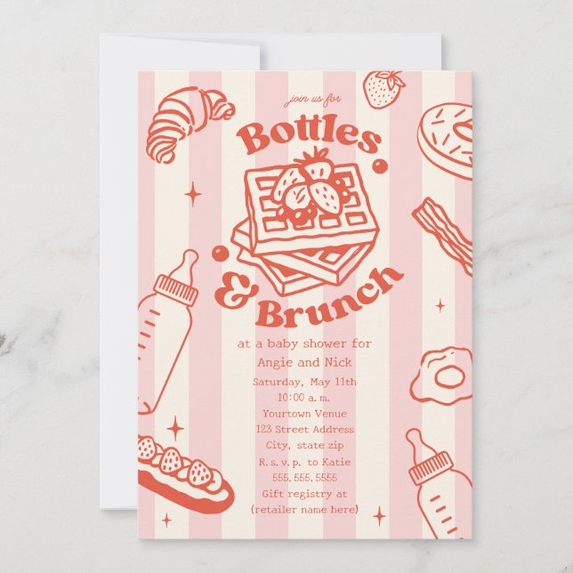Invitation Bouteilles & Brunch Doodle Rose Girl Baby shower (Devant)