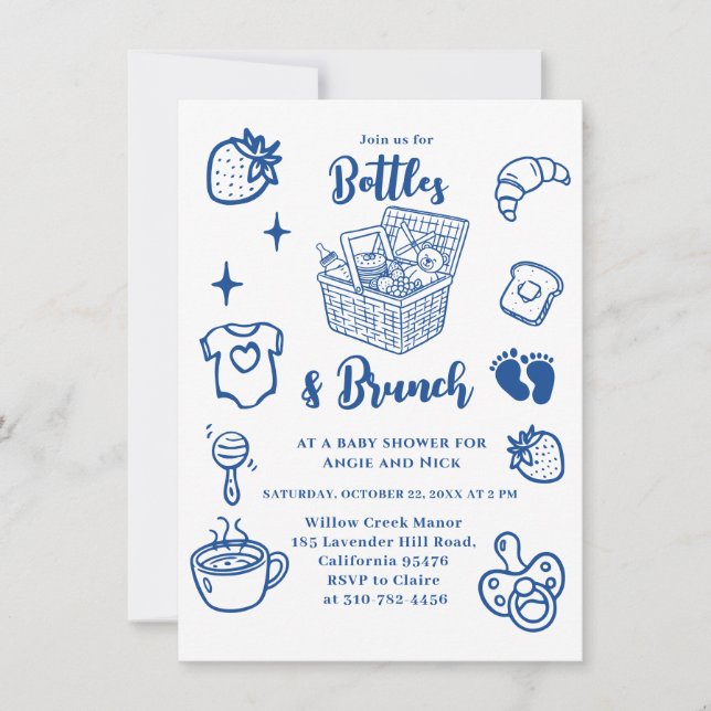 Invitation Bouteilles & Brunch Gribouillage Garçon Bleu Baby  (Devant)