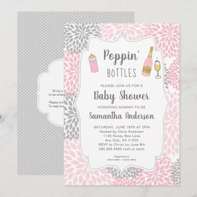 Invitation Bouteilles de Poppin' Baby shower floral gris rose (Devant / Derrière)