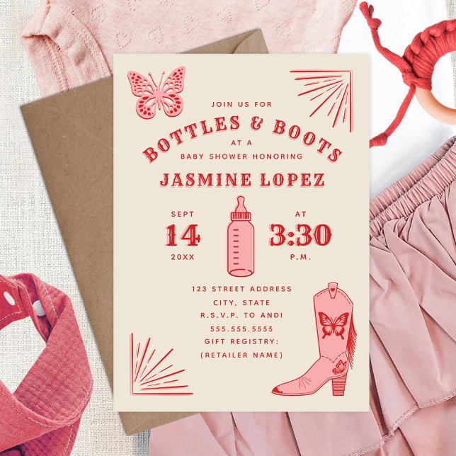 Invitation Bouteilles et Bottes Baby shower de la fille papil (Créateur téléchargé)