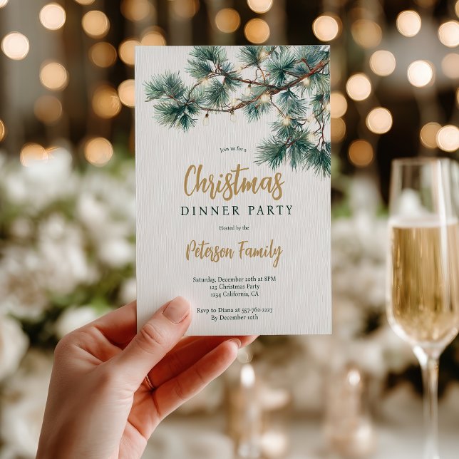 Invitation Boutique de pin vert Gold Lights Noël (Green Pine Branch Gold Lights Christmas Party Invitation)