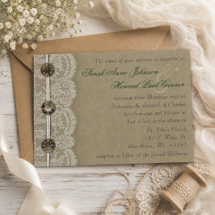 Invitation Boutons Anciens et Dentelle Mariage Rustique