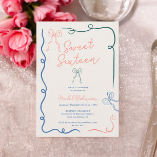Invitation Boutons bleu chic rubans illustrations Sweet 16