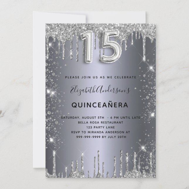Invitation Boutons de parties scintillant en argent de Quince (Devant)
