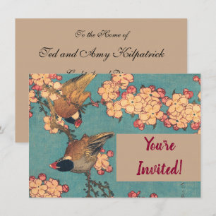 Invitation Bouvreuil d'Hokusai et Cerisier Fleur Vintage Oise