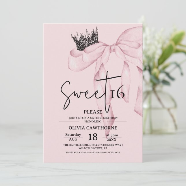 Invitation Bow 16th Birthday ⎮Modern Pink Sweet 16 (Debout devant)