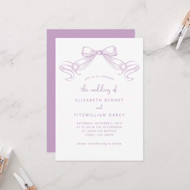 Invitation Bow à croquis romantique | Lilac Mariage De (Devant/Arrière en situation)