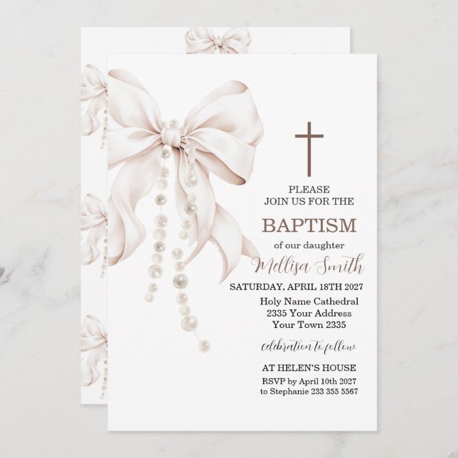Invitation Bow Baptism Girl (Devant / Derrière)