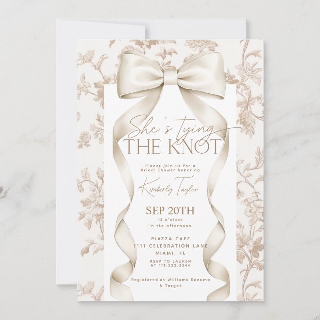 Invitation Bow Beige Toile Elle Attache La Fête des mariées d (Devant)