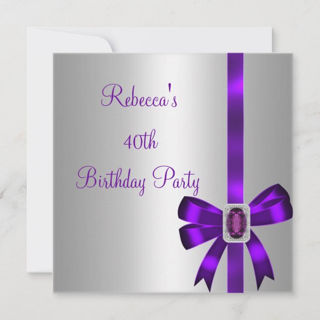 Invitation Bow bijoux violet argenté 40e anniversaire élégant (Devant)