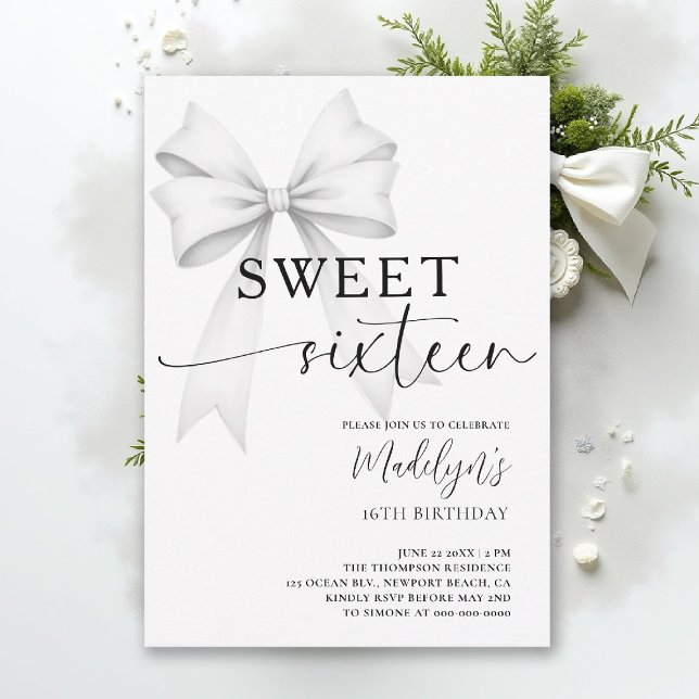 Invitation Bow Black White Modern Elegant Simple Sweet 16 (sweet sixteen birthday party invitation bow simple classy black and white script trendy fashion teen)