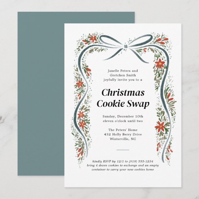 Invitation Bow bleu et Poinsettias Noël (Devant / Derrière)