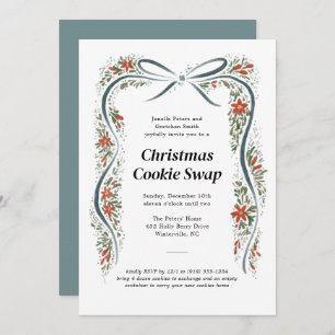 Invitation Bow bleu et Poinsettias Noël