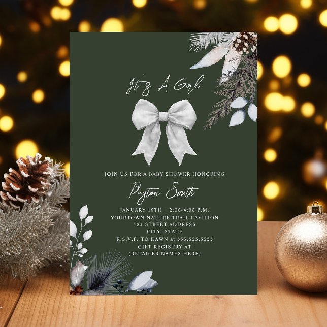 Invitation Bow Botanical Winter Girl Baby shower vert (Créateur téléchargé)