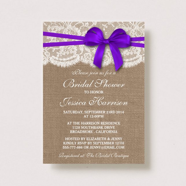 Invitation Bow, Burlap et Fête des mariées de dentelle violet (Créateur téléchargé)