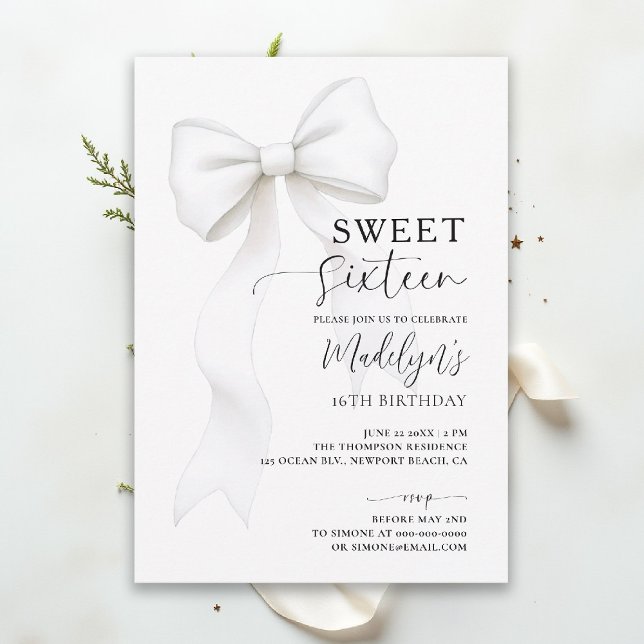 Invitation Bow Chic Black White Elegant Calligraphy Sweet 16 (sweet sixteen birthday party invitation bow chic fashion simple classy black and white script)