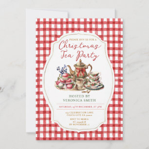 Invitation Bow Christmas Tea Party Floral Rouge En vichy Fête