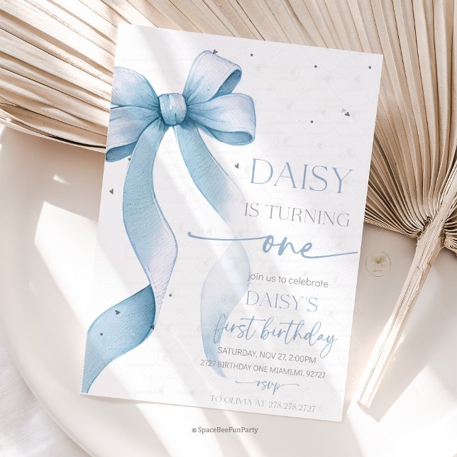 Invitation Bow Coquette Blue 1st Birthday  (Bow Coquette Birthday Invitation )