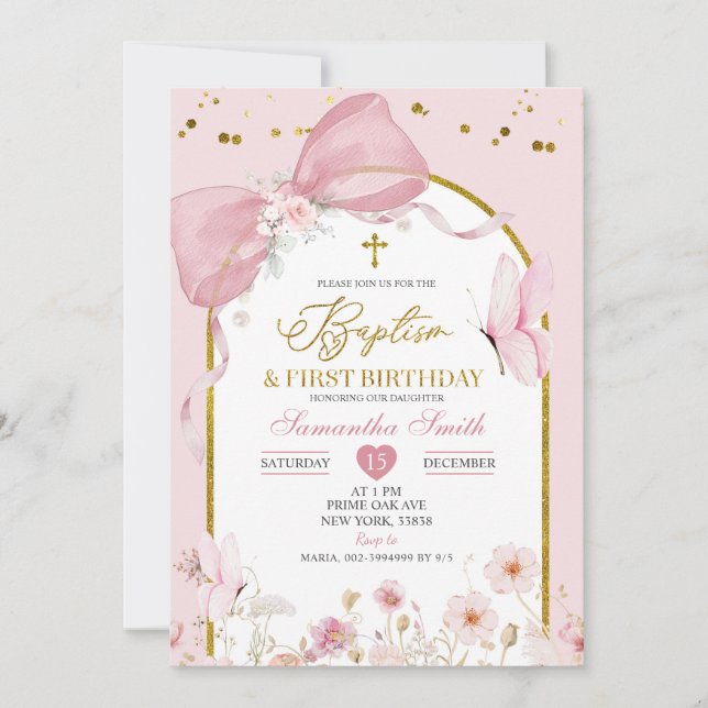 Invitation Bow Coquette Blush Pink Baptism & 1st Birthday (Devant)