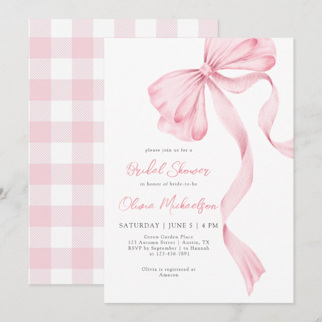 Invitation Bow Coquette Blush Plaid Pink Ribbon Fête des mari (Devant / Derrière)