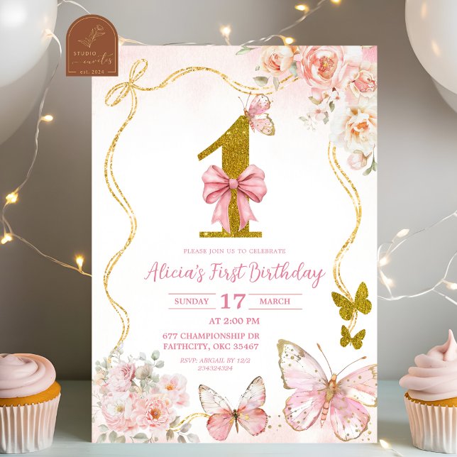 Invitation Bow Coquette Pink Butterfly First Birthday (Créateur téléchargé)