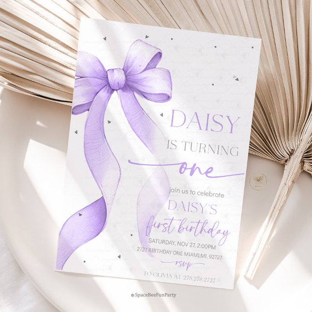 Invitation Bow Coquette Purple 1st Birthday  (Bow Coquette Birthday Invitation )
