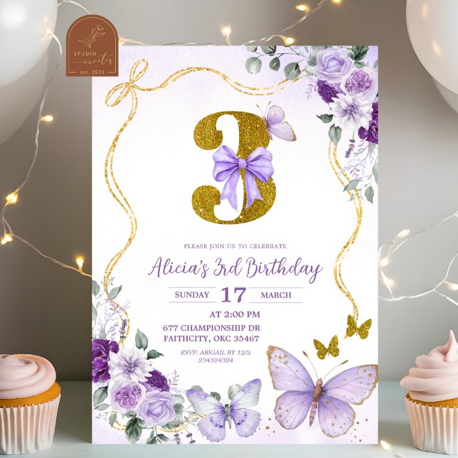 Invitation Bow Coquette Purple Butterfly Third Birthday (Créateur téléchargé)