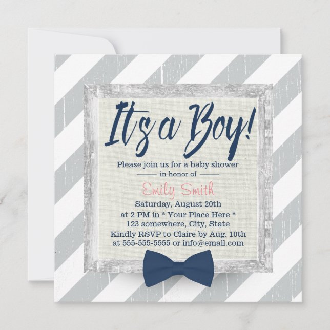 Invitation Bow Cravate Bleu Marine Baby shower Gris rayures (Devant)
