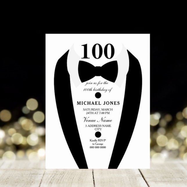 Invitation Bow Cravate Tuxedo Mens 100e anniversaire Invitati (Créateur téléchargé)
